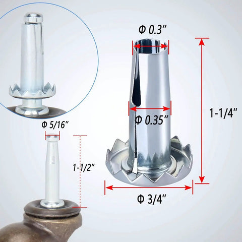 Metal Caster Socket Sleeve Set, 20 Pack Stem Inserts For 5/16 By 1-1/2 Inch Casters with detailed measurements shown