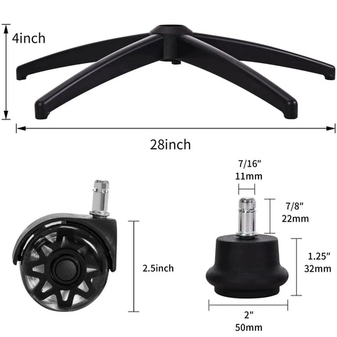 Heavy Duty 28 Inch Metal Base Replacement With 5 Polyurethane Wheels Bell Glides For Office And Gaming Chairs, 2500 Lb Load Capacity