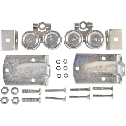 Metal hardware kit with brackets, rollers, and screws for sliding door systems, includes nuts and bolts, laid out on white background