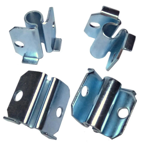 Four metal corner bracket sockets, compatible with seven sixteenth inch caster stem grips, shown in close-up view.