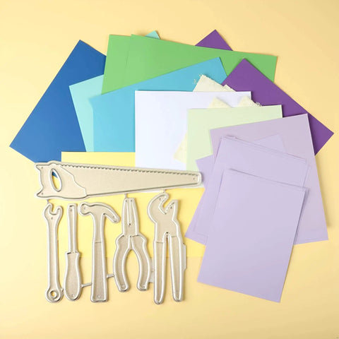 Colored paper sheets with metal cutting dies from Versatile Die Cut Set For DIY Card Making And Scrapbooking With Intricate Metal Cutting Dies Embossing Stencils And Templates For Congratulations Birthday Wedding Decor Cards.