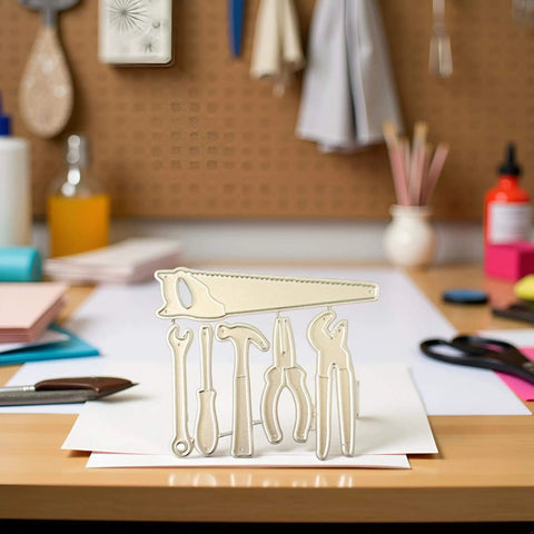 Versatile Die Cut Set For DIY Card Making And Scrapbooking With Intricate Metal Cutting Dies of tool shapes on crafting table