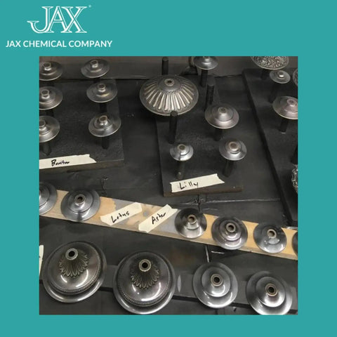 Water Based Antique Metal Darkener For Quick Heat Free Finishes Creates Rich Authentic Patinas On Steel Brass Copper Aluminum And Other Metals Without Heat Or Electricity Pint Available In A Convenient Bottle For Easy Application shown on antique metal parts display.