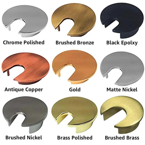 Image of various finishes of desk grommets, including Brushed Bronze, shown in a grid layout.
