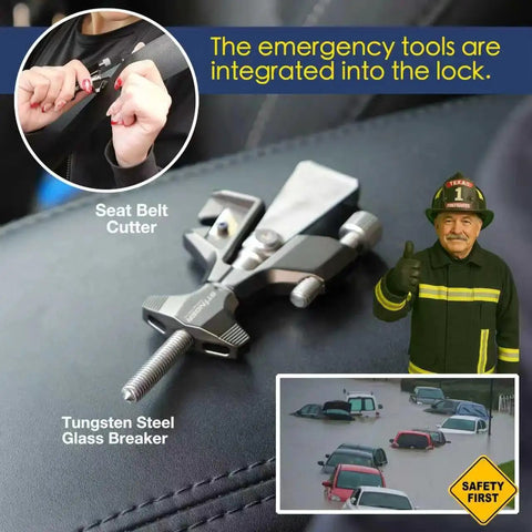 All Metal Portable Door Lock For Travelers with built-in glass breaker and seatbelt cutter shown with emergency features highlighted