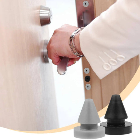 50 Pack Metal Door Silencers And Slammers One Half Inch Diameter Black And Silver Durable Silicone Rubber Door Stop Cushions For Metal Frames Quiet Slam Prevention Easy Install Long Lasting For Home Office And Studio Use, shown with person installing on wood door