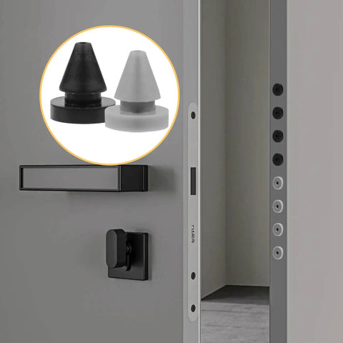 Close-up of 50 Pack Metal Door Silencers And Slammers One Half Inch Diameter Black And Silver Durable Silicone Rubber Door Stop Cushions for metal frames
