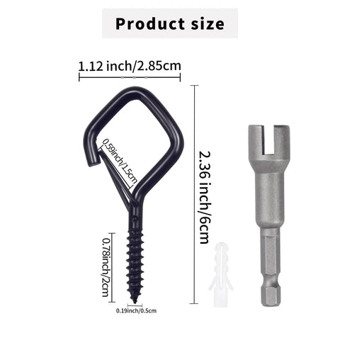 35 Piece Heavy Duty Eye Screw Hooks With Safety Buckle For Indoor And Outdoor Hanging Metal Ceiling Hooks For Plants Cups Wind Chimes Bird Feeders Christmas Lights 2.36 Inch Black Powder Coated Finish, showing size dimensions next to a screwdriver bit.
