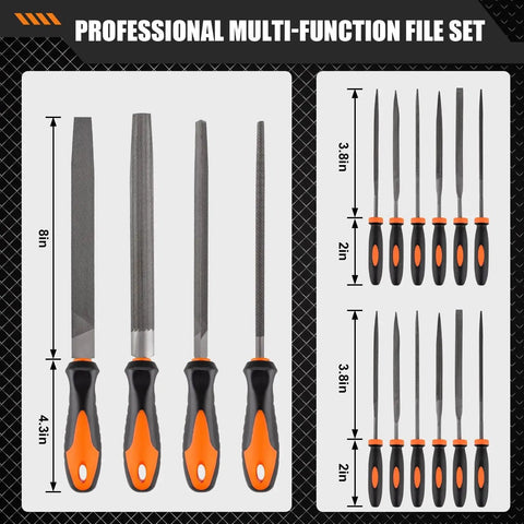 17 Piece Metal File Set With Hemicycle Angle Round Flat And Needle Files For Plastic Wood And Metal Projects In Heat Treated Drop Forged Alloy Steel With Durable Storage Case For Precision And Longevity