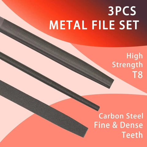 Three Piece 8 Inch Professional File Set with High Carbon Steel Files for Metal, Wood, and Plastic; flat, half-round, round.