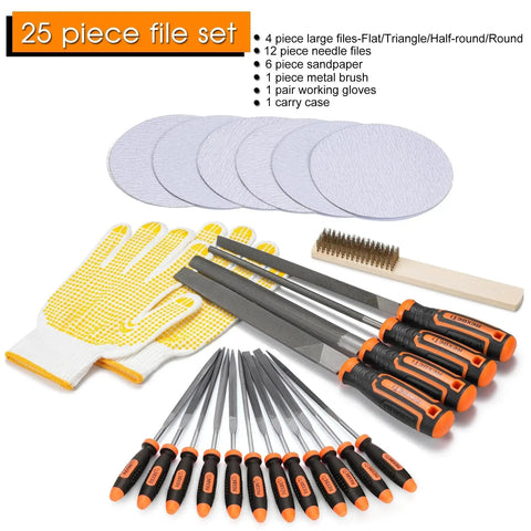 Twenty Five Piece Metal File Set With T12 Drop Forged Alloy Steel For Woodworking Metalworking And Plastic Includes Four Large Files Twelve Needle Files Carry Case Six Sandpapers A Brush And A Pair Of Working Gloves Ideal For Home Workshop Pro Projects