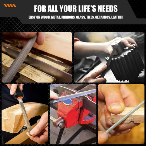 17 Piece Metal File Set With Hemicycle Angle Round Flat And Needle Files For Plastic Wood And Metal Projects shown in various uses