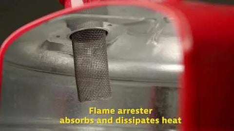 Close-up of 5 Gallon Diesel Safety Can With Flame Arrester Self Closing Lid Flexible Five Eighth Inch Metal Spout Type II Flammable Storage