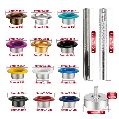 All In One Metal Grommets Kit With 600 Pieces In 12 Colors For DIY Shoes Bags Clothes Crafts Includes 3 Tools And Storage Box Copper Eyelets Durable Easy To Install showing eyelets and tools dimensions