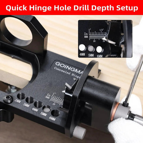 Metal Concealed Hinge Jig With Quick Clamp And Dust Vacuum Adapter For 35mm Cabinet Hinges Drilling Jig, depth setup close-up.