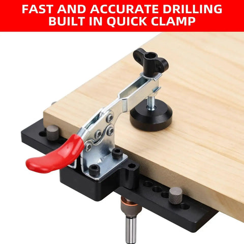 Metal Concealed Hinge Jig with quick clamp and dust vacuum adapter in use for 35mm cabinet hinges, precise drilling on wood.