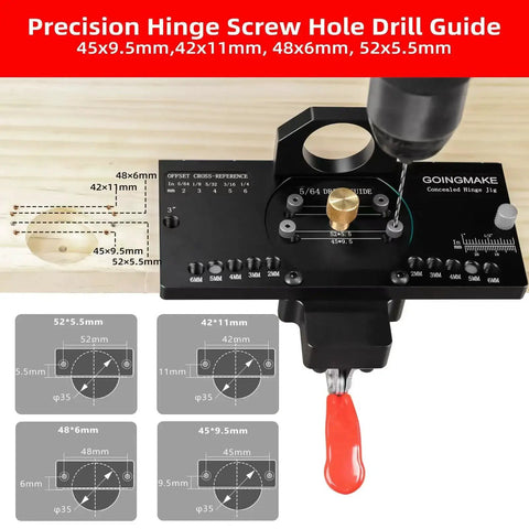 Metal Concealed Hinge Jig With Quick Clamp And Dust Vacuum Adapter For 35mm Cabinet Hinges Drilling Jig showing precision drill guide on wood