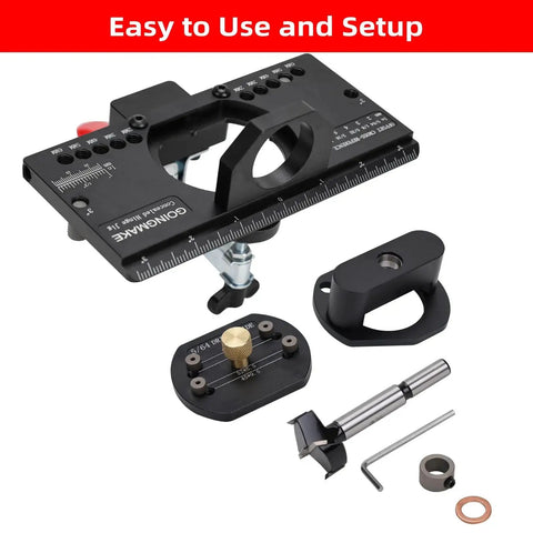 Metal Concealed Hinge Jig With Quick Clamp And Dust Vacuum Adapter for 35mm Cabinet Hinges, showing full kit components.