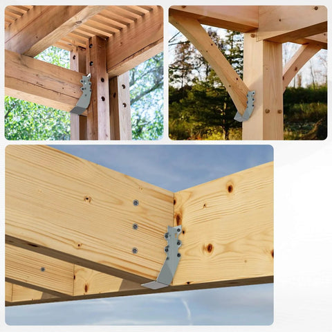 25 pcs 2x6 Joist Hanger, LU26 20 Gauge Double Shear Face Mount Joist Hanger, shown installed on wooden rafters, providing stable alignment in automation and mechanical systems.