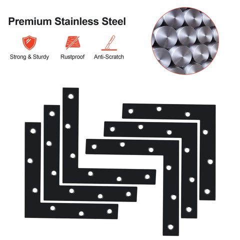 ✝️ L Brace, 120x120mm / 5" x 5" Metal L Mending Plate L Flat Plate Bracket Stainless Steel Right Angle Corner Brace for Wood Matte Black (6 PCS)
