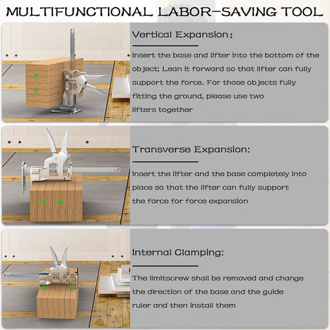 Diagram showcasing usage of ✝️ 2Pcs Metal Labor Saving Arm Jack, Load-Bearing 440 lb Multi-Function Height Adjustment Lifting Device.