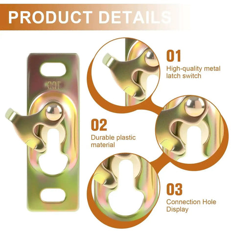 Detailed view of latch switch and connection hole from Heavy Duty Pocket Door Hardware Kit 2 Pack With Sliding Rollers And Hanger Plates Surface Mounted Includes Mounting Screws For Interior Pocket Doors And RV Trailer Doors Durable Galvanized Metal Construction.