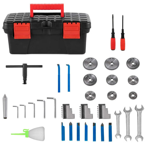 Accessory kit for 8 X 14 Inch Mini Metal Lathe featuring gears, wrenches, screwdrivers, and a toolbox. Ideal for precision machining projects.