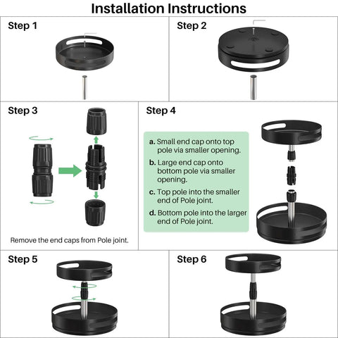 Installation instructions for Two Tier Height Adjustable Lazy Susan Spice Rack showing step-by-step assembly of metal turntable organizer.