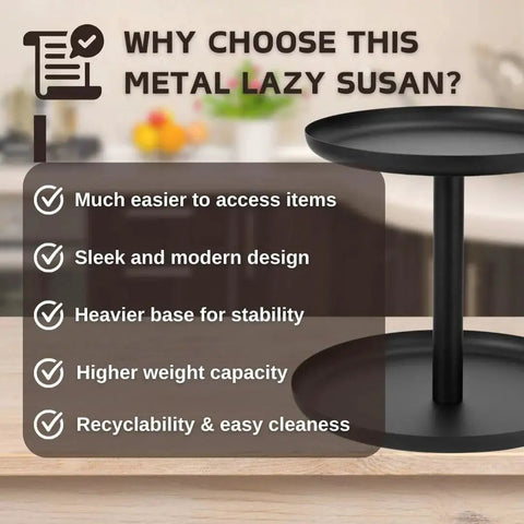 Two Tier Metal Lazy Susan Organizer Rotating Spice Rack For Kitchen Pantry And Countertop Made From 1.2mm Cold Rolled Steel With Powder Coated Finish For Moisture Resistance Smooth 360 Degree Rotation Top 9 Inch Bottom 11 Inch Diameters Black with benefits overlay