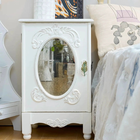 White cabinet with mirror featuring Set Of 2 Metal Green Leaf Cabinet Pulls And Drawer Handles With Simulated Leaf Shape Gradient Color And Glossy Finish For Cabinets, Dressers And Closets With Mounting Screws Durable Finish For Longevity
