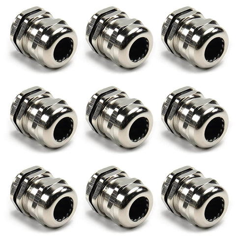 Ten Pack Metal Waterproof M20 Cable Glands Joints With Adjustable Threaded Connectors In Silver For 6 To 12 Mm Cable Diameter
