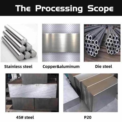 Various metal types including stainless steel, copper, aluminum, die steel, 45# steel, and P20 in different forms.