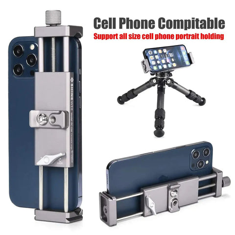 Full Metal Tablet Tripod Holder With Universal Clamp and Arca Swiss Dovetail Mounts, showcasing compatibility with smartphones and tablets.