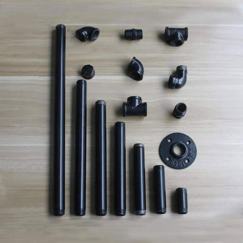 6 Pack 3 Quarter Inch Black Metal Pipe 36 Inch Pre Cut Industrial Steel Set with fittings for Vintage DIY Industrial Shelving.