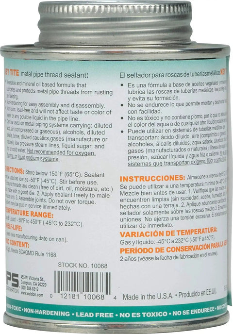 Back view of Weld On 10068 505 Key Tite Heavy Duty Metal Pipe Thread Sealant 1/2 Pint 8 Fl Oz with instructions and label.