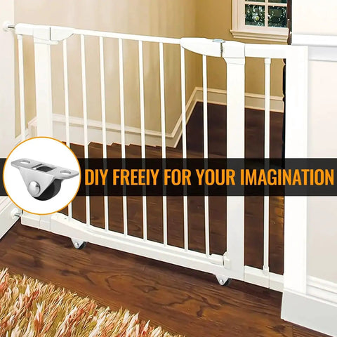 White baby gate with 0.5 Inch Mini Caster Wheels Set With Metal Plate Self Adhesive Low Profile Casters, installed on wooden floor for mobility.