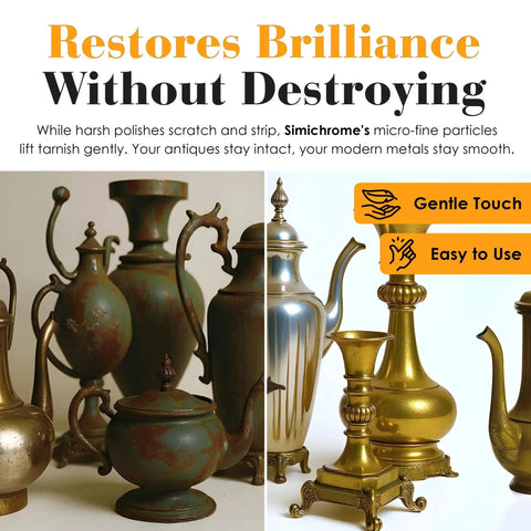 Assorted antique metal urns and vases demonstrating Premium Metal Polish Compound With Cloth 250g Restores Dull Chrome Aluminum Stainless Steel And More To A Bright Mirror Finish Ideal For Hardware Fixtures Automotive Trim And Household Surfaces effect on tarnished surfaces.