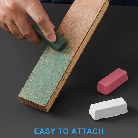 Triple bar metal polishing kit with 4 oz total, featuring green, white, and red compounds applied on a leather strop.