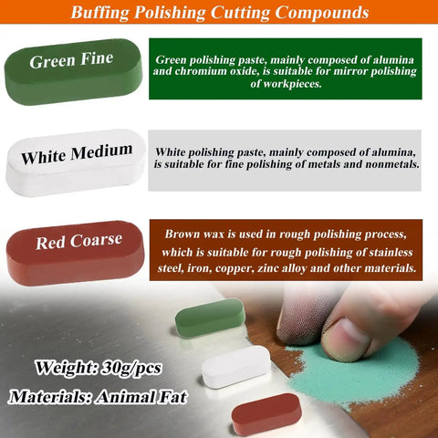 Metal Buffing Polishing Compound Kit 3 Piece For Bright Finishes Includes Green Fine White Medium Red Coarse Compounds For Use With Buffing Wheel On Grinder Or Drill Ideal For Metal Jewelry Auto Parts Hobby Shops And Home Projects product image showing three color-coded compounds and usage demonstration.