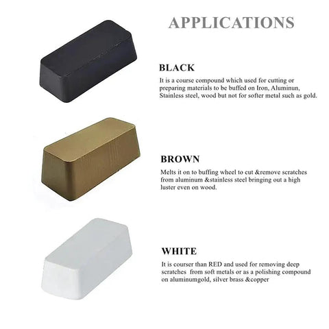 Metal Polishing Buffing Compound Set With Six 1 Oz Bars In Black Brown White Green Red Blue displayed with descriptions