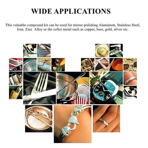 Collage of items like silverware, bracelets, and watches highlighting the use of metal polishing buffing compound set for various metals.