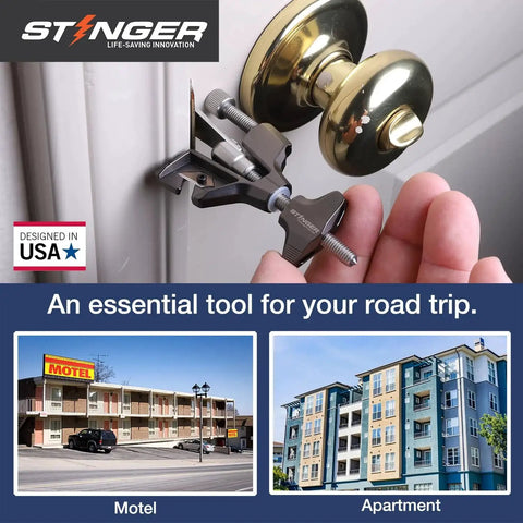 Portable door lock installed on a hotel door with inset images of a motel and apartment building, "All Metal Portable Door Lock For Travelers With Built In Glass Breaker And Seatbelt Cutter Delivers Hotel Apartment And Home Door Security And Privacy Durable Travel Safety Lock For Women And Families"