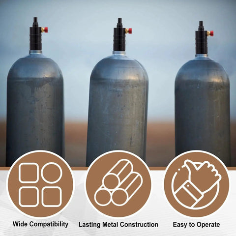 Three metal air cylinders with push button release for scuba gear with text highlighting features, compatible with Mini Pressure Regulator Valve For Water Tanks And Air Cylinders Portable Metal Air Regulator With Push Button Release Compatible With 640G 2.2L 3.3L And 4.4L Tanks Delivers Precise Air Pressure Control And Easy One Hand Operation