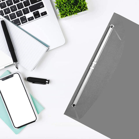 Premium 3 Inch Capacity Metal Prong Paper Fasteners Pack Of 50 With 8.5 Inch Base And Standard 2 Hole Punch For Durable File Folders And Paper Organization By OLYMPX close-up on desk with laptop
