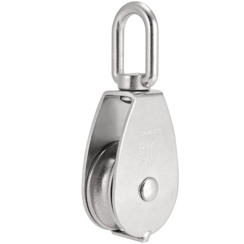 Front view of 6 Pack M50 Single Pulley Block, 304 stainless steel lifting wire crane pulley with swivel hook, for 0.5 in wire rope.
