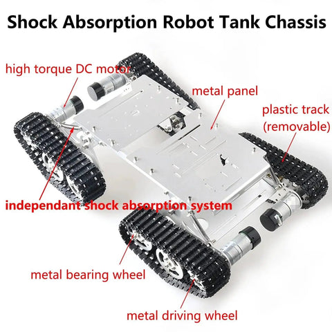 Large Metal 4WD Shock Absorption Robot Tank Chassis Kit with springs, tracks, bearing wheels, and detachable panels, compatible with Arduino Raspberry Pi MicroBit.
