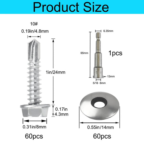 60pcs #10 x 1 Metal Roofing Screws with EPDM Rubber Washers product size dimensions diagram