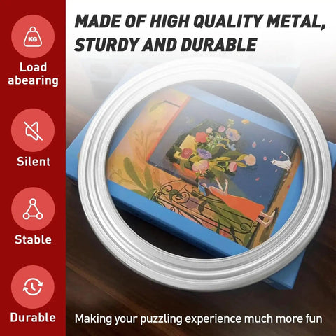 360 Degree Rotating Puzzle Board Base With Smooth Swivel Turntable for jigsaw puzzles, shown with a puzzle in progress on a wooden table.