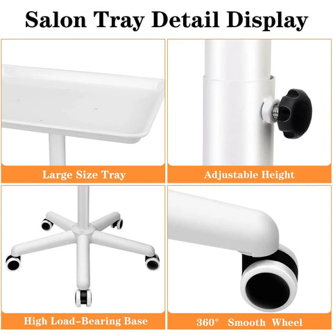 Metal Salon Rolling Tray On Wheels With Adjustable Height From 22 To 39 Inches For Tattoo, Medical, And Dental Use