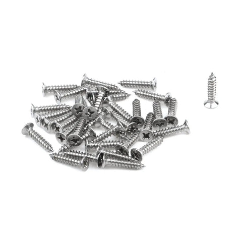 Close-up of metal screws included in the 24 Pack Tapered Rubber Feet Bumpers Pads With Washers And Screws, Black, 1 Inch Bottom Diameter.